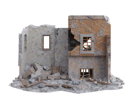 Small size building damaged after war. 3d render isolated png