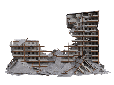 Middle size building damaged after war. 3d render isolated png