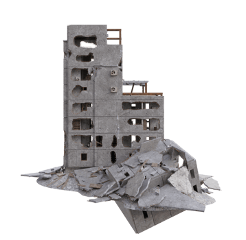 Middle size building damaged after war. 3d render isolated png