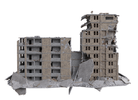Middle size building damaged after war. 3d render isolated png