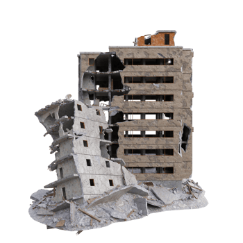 Large size building damaged after war. 3d render isolated png