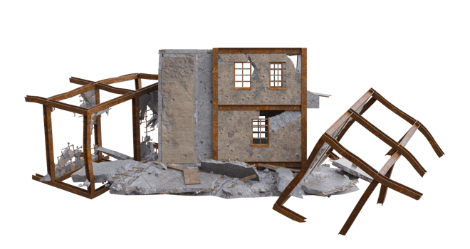 Small size building damaged after war. 3d render isolated png