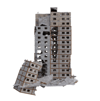 Middle size building damaged after war. 3d render isolated png