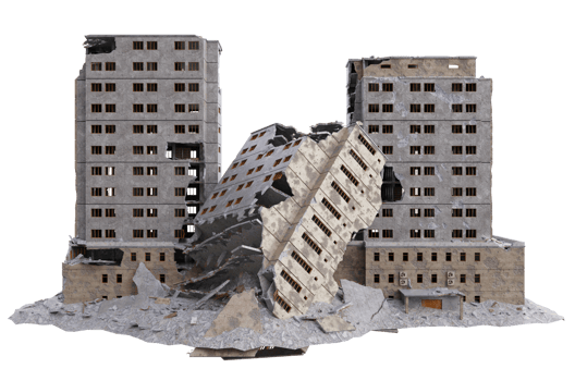 Large size building damaged after war. 3d render isolated png