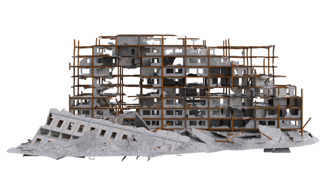Large size building damaged after war. 3d render isolated png
