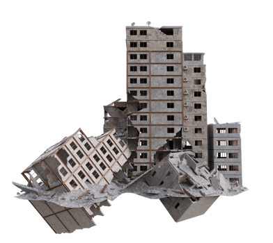 Middle size building damaged after war. 3d render isolated png