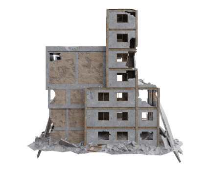 Small size building damaged after war. 3d render isolated png