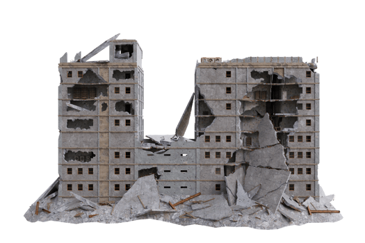 Large size building damaged after war. 3d render isolated png