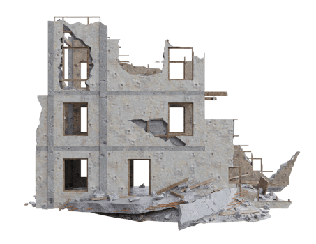 Small size building damaged after war. 3d render isolated png
