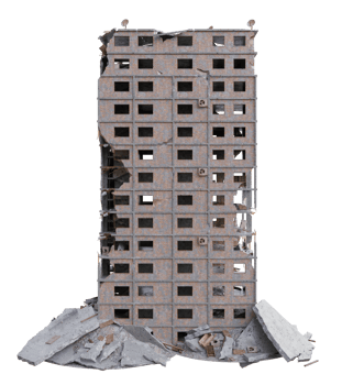 Large size building damaged after war. 3d render isolated png