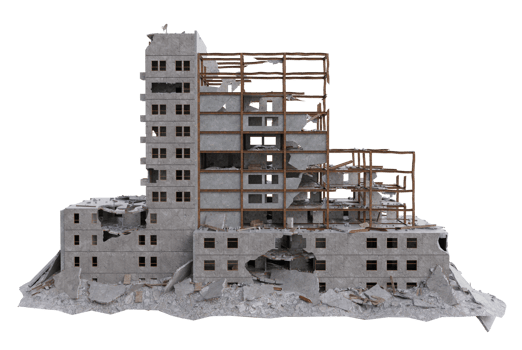 Middle size building damaged after war. 3d render isolated png