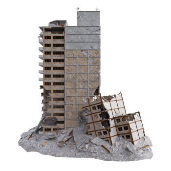 Large size building damaged after war. 3d render isolated png