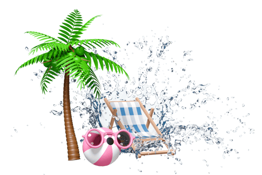 3d beach ball with sunglasses, water splash, palm tree, beach chair, copy space isolated. summer travel concept, 3d render illustration png