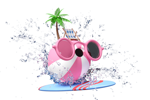 beach ball with sunglasses, water splash, palm tree, beach chair, surfboard, copy space isolated. summer travel concept, 3d render illustration png