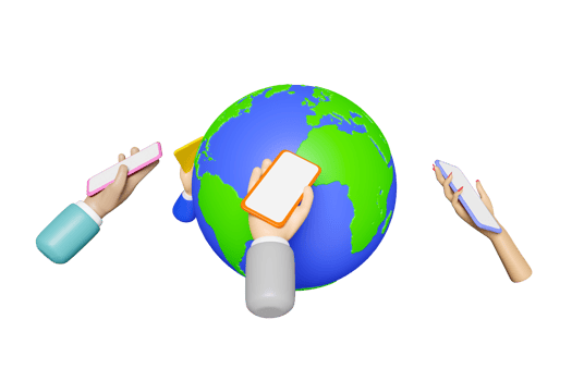 3d many hands holding smartphone with earth isolated. online social, communication applications seo concept, 3d render illustration png