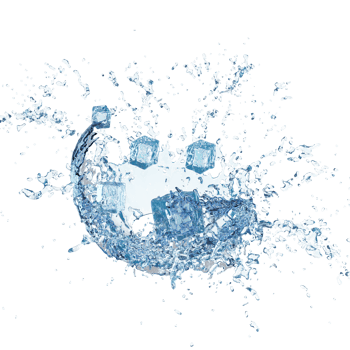 3d ice cubes with water splash transparent, clear blue water scattered around isolated. 3d render illustration png