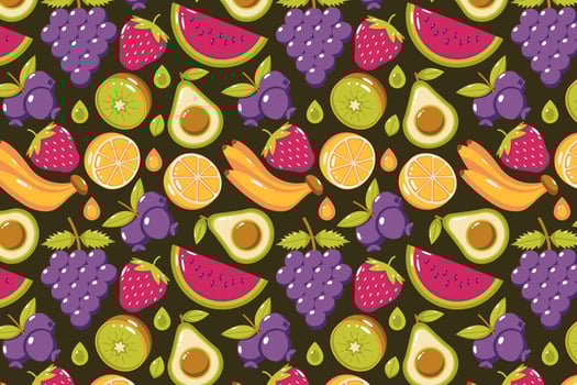 Fresh fruit pattern. Watermelon, strawberries, grapes, bananas, avocados, blueberries, kiwi and oranges vector