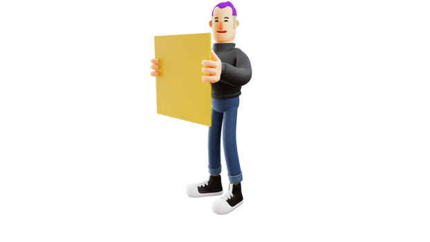 3D illustration. Handsome Boy 3D cartoon character. Nice smiling cute guy. Handsome young man carrying a yellow board. Stylish guy standing casually. 3D cartoon character png