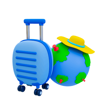 3d minimal Holiday travel trip. summer vacation trip. Recreational time. Take a flight. suitcase with a globea and beach hat. 3d illustration. png