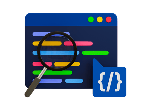 3d minimal coding icon. coding screen. web development concept. browser with a programming source code and magnifying glass. 3d illustration. png