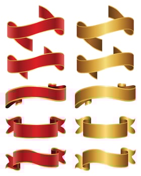 Red and Golden Ribbon Banner Set. Vector Illustration.