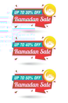 Ramadan sale origami red label set. Sale 30, 40, 50 off discount vector