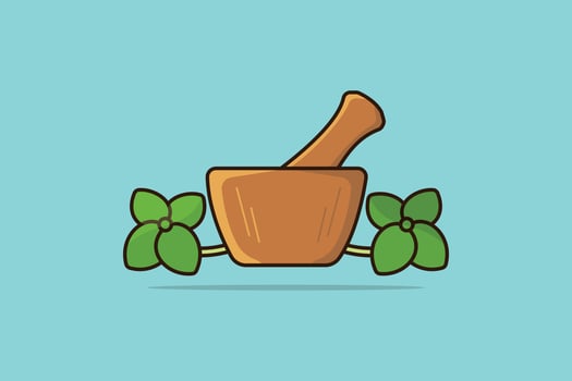 Ayurvedic Medicine Mortar and Pestle vector illustration. Healthcare medicine and pharmacy equipment icon concept. Medicine mortar with leaves vector design. Marble medicine mortar and pestle logo.