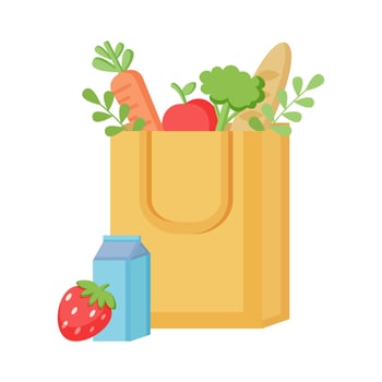 Eco bag  with milk, salad, bread, apple, carrot and strawberry.  Zero waste concept vector