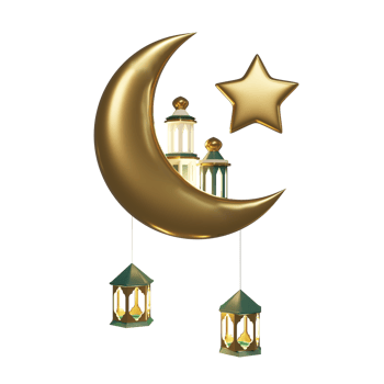 Isolated Ramadan Kareem flyer islamic element. 3d render advertising Mubarak social media template or card. Golden crescent with lantern and mosque png