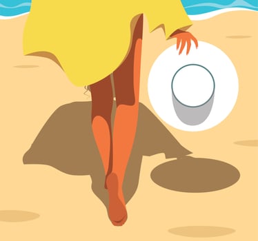 Vector illustration girl tourist on vacation goes along the beach on the sand hat in hand to the sea to swim