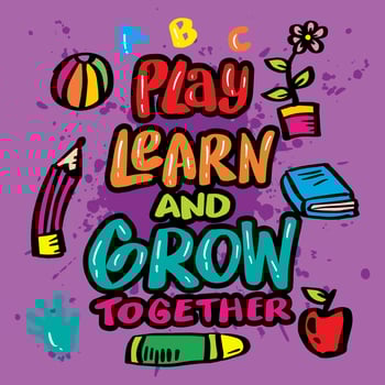 Play learn and grow together, hand lettering. Wall art for classroom poster vector