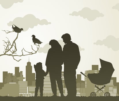 The family with two children walks and a city. A vector illustration