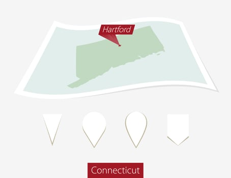 Curved paper map of Connecticut state with capital Hartford on Gray Background. Four different Map pin set. vector
