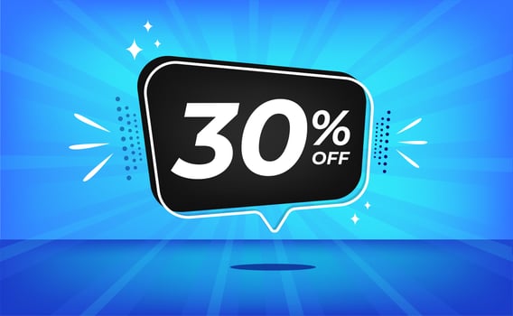 30 percent off. Blue banner with thirty percent discount on a black balloon for mega big sales. vector