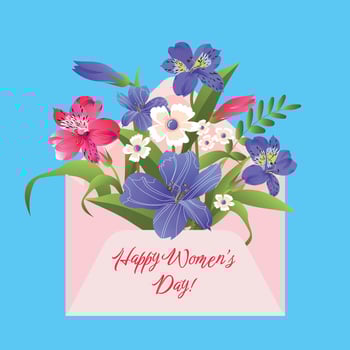 Beautiful flowers in an envelope. Spring botanical composition of meadow and garden flowers, herbal plants. Floral template for greeting card, Women's Day, Mother's Day. Flat illustration vector