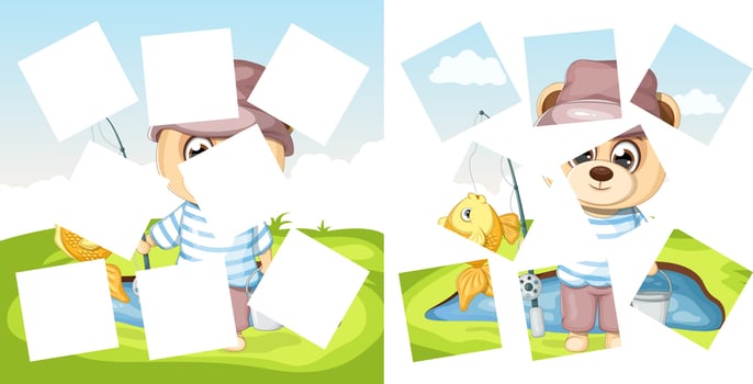 Child Game. Collect a picture. Cute bear fisherman by the pond vector