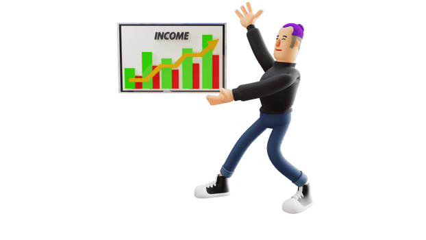 3D illustration. Successful young man 3D cartoon character. Stylish businessman showing chart board. Rich man showing his earnings. Successful man is very happy. 3D cartoon character png