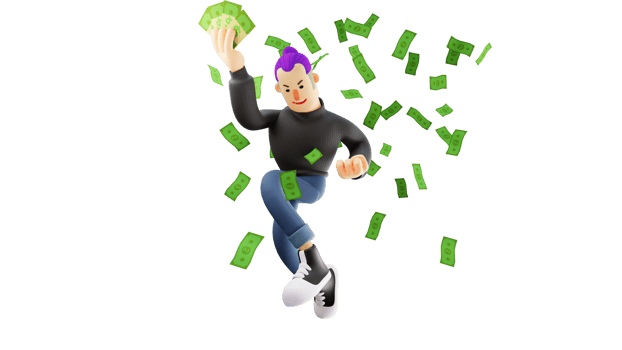 3D illustration. Rich young man 3D cartoon character. Handsome young man very happy. Rich man holds a lot of money. Successful men jump and surrounded by lots of money flying. 3D cartoon character png