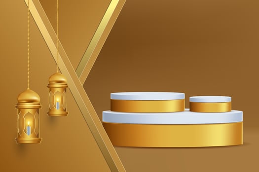 Realistic 3d Islamic celebration with islamic ornament and product podium. Vector 3D Illustration