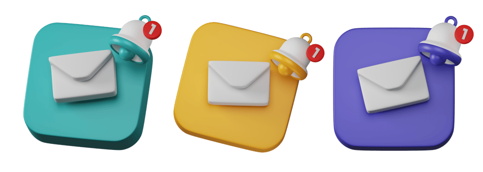 Set of colourful envelope email with bell notification alert inbox sign icon on light blue board 3d rendering on UI social media illustration png