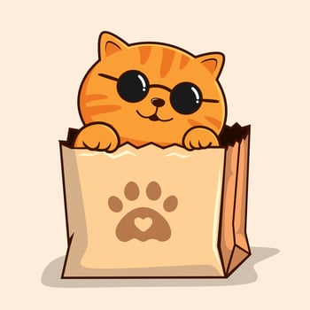 Tabby Cat in Shopping Bag - Striped Orange Cat with Circle Glasses in Paper Bag Waving Hand Paws vector