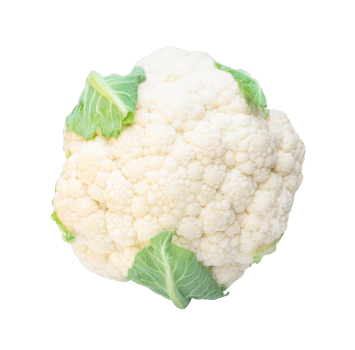Close up of single fresh ripe white cauliflower head with some green leaves isolated with clipping path in png file format. Top view of organic vegetable, Concept of healthy eating