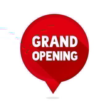 Grand opening speech bubble banner. Template for retail promotion and announcement. Flat vector illustration.
