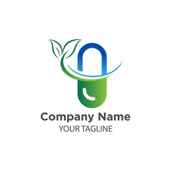 Capsule pharmacy medical logo template vector. Logo with nature or leaf with blue and green color. vector
