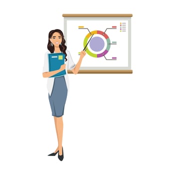 Female teacher at blackboard with copy space showing something using pointer stick. Flat vector illustration isolated on white background