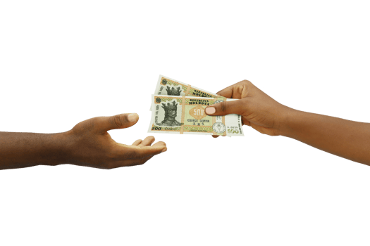 Hand giving 3D rendered Moldovan leu notes to another hand. Hand receiving money png