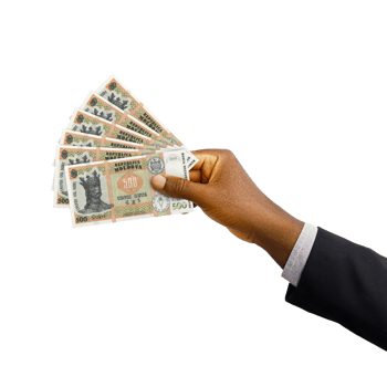Black hand with suit holding 3D rendered Moldovan leu notes isolated on transparent background png