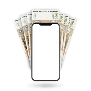3d Illustration of Moldovan leu notes behind mobile phone png