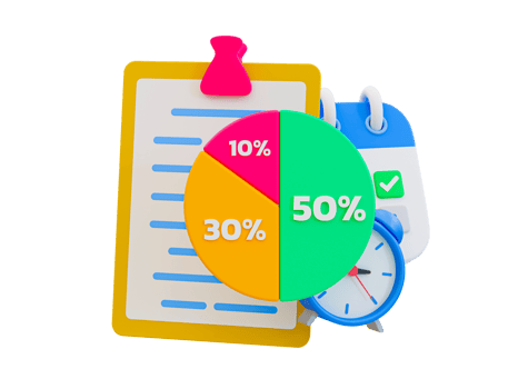 3d minimal work-life balance concept. Time management concept. Pie chart with a clipboard, calendar, and alarm clock. 3d illustration. png