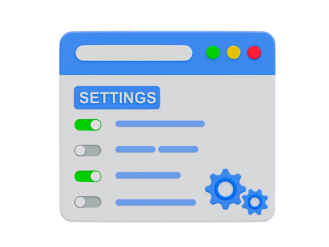 3d minimal settings page. User customize settings page. browser with users' personal page. settings page with a gear wheel icon. 3d illustration. png